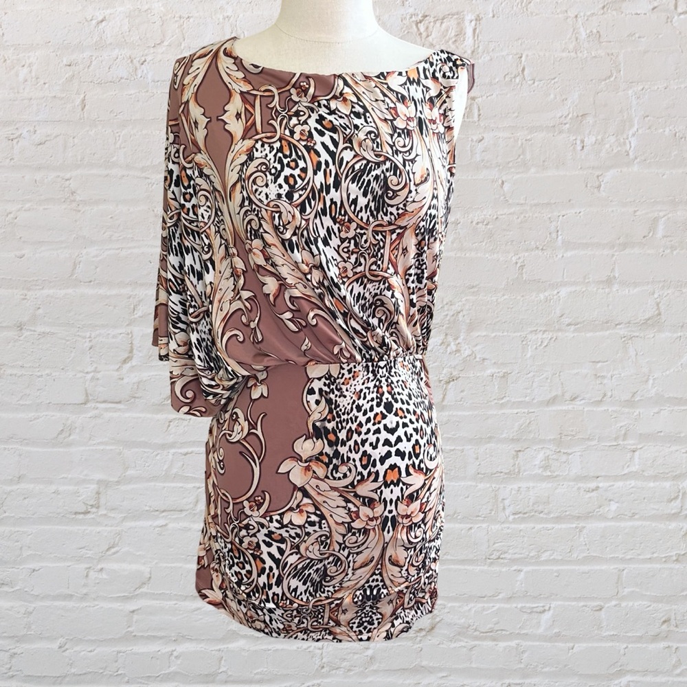Vintage Cache brown animal print dress with one sleeve